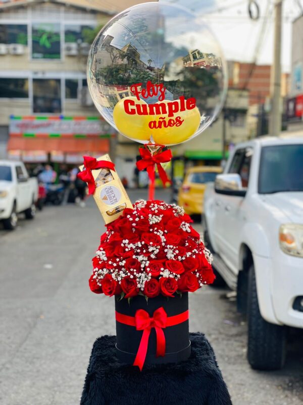 Cilindro 120 Rosas, caja chocolate y burbuja personalizada