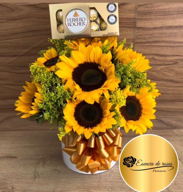 Cilindro girasoles y chocolates Ferrero rocher x8